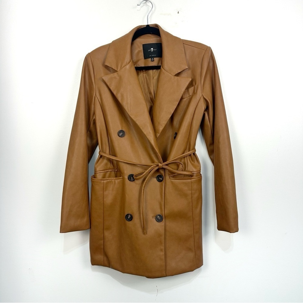 7 For All Mankind Faux Leather Double Breasted Belted Tan Jacket Sz Small